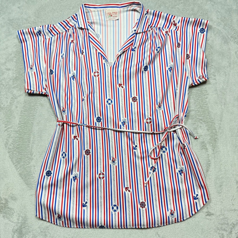 Vintage 1970s Red White Blue Nautical Polyester Tunic Top Rope Belt L XL Coastal